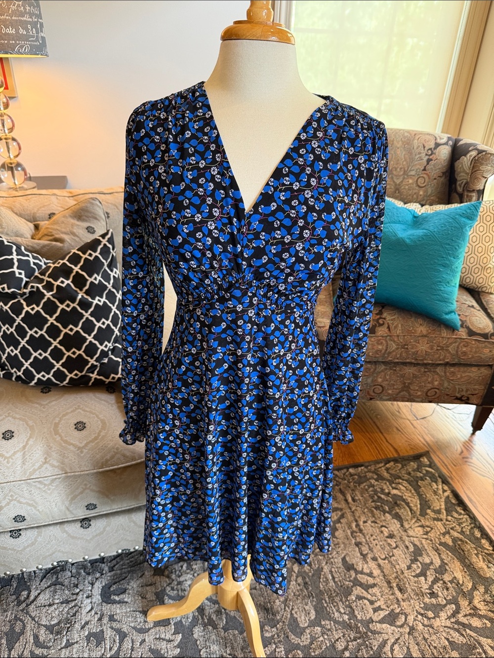 CAbi Blue Floral Long-Sleeve Fit & Flare Dress#5772